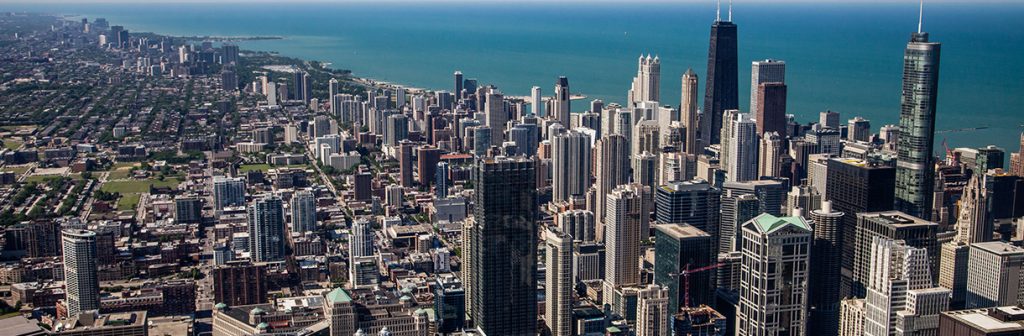 The Chicago skyline on a clear day from above.