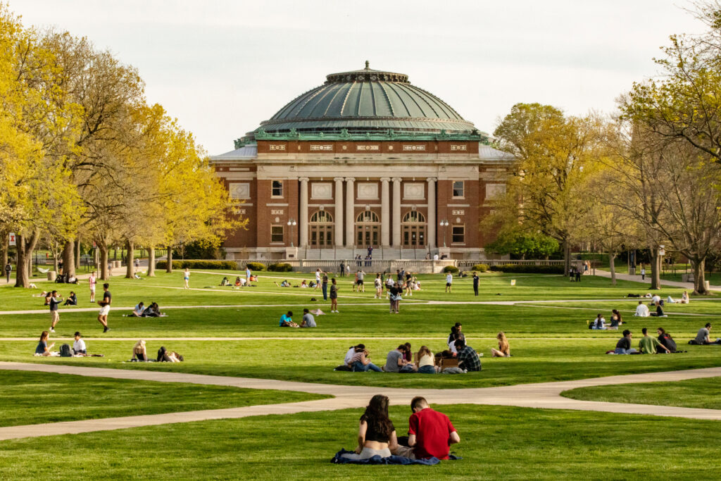 Students gather on the University of Illinois Quad on a spring afternoon.