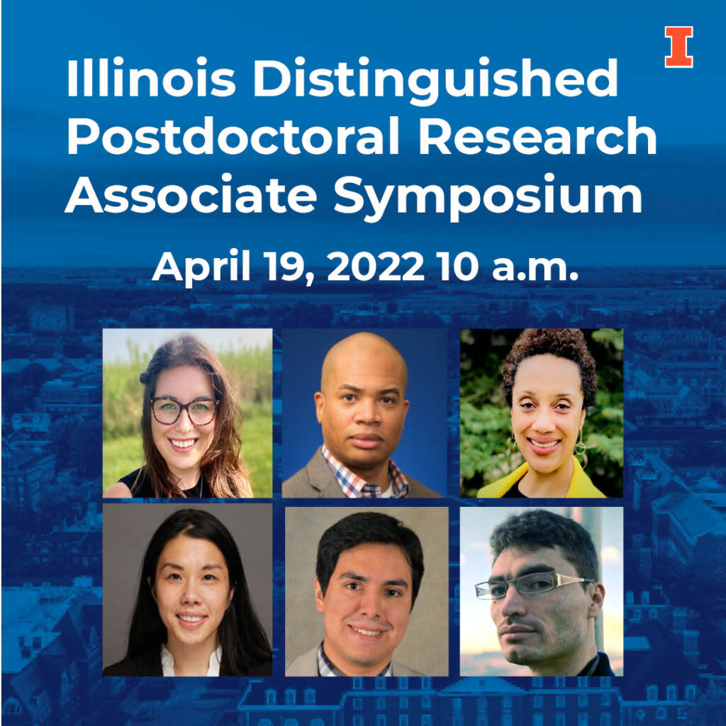A photo of the six Illinois Distinguished Postdoctoral Research Associates on a blue tinted photo of the university campus. 