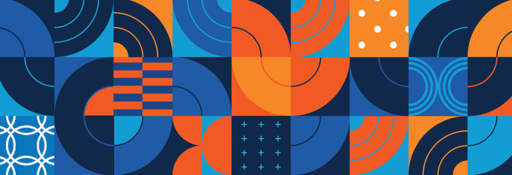 Decorative image of orange and blue quilt blocks in different patterns.