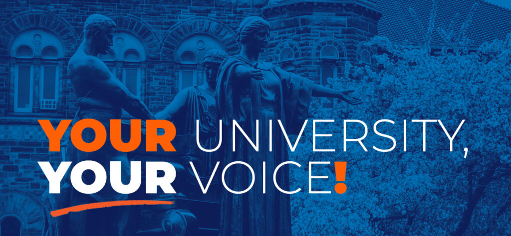 Alma Mater statue at the University of Illinois with the words Your University Your Voice printed in front. 